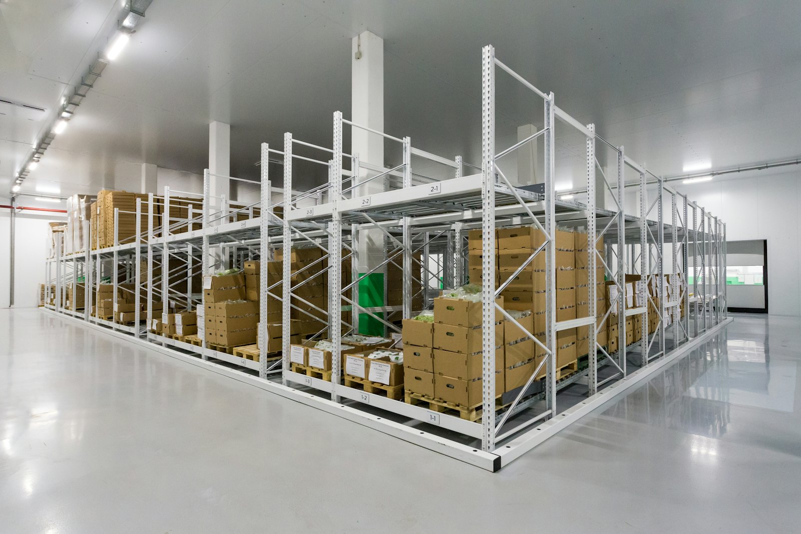 Storage shelves in KLOW’s K-beauty wholesale warehouse in Korea